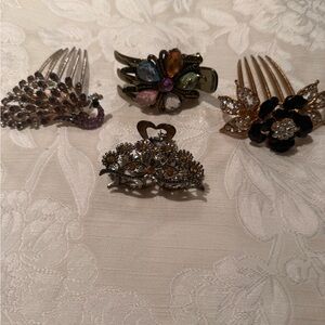 Chic Crystal Hair Comb Set - Black, Gold, Silver (Lot of 4)
